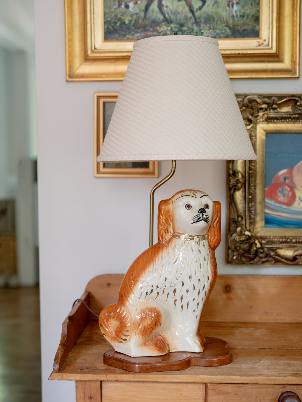 19th Century Staffordshire Spaniel + Lamp