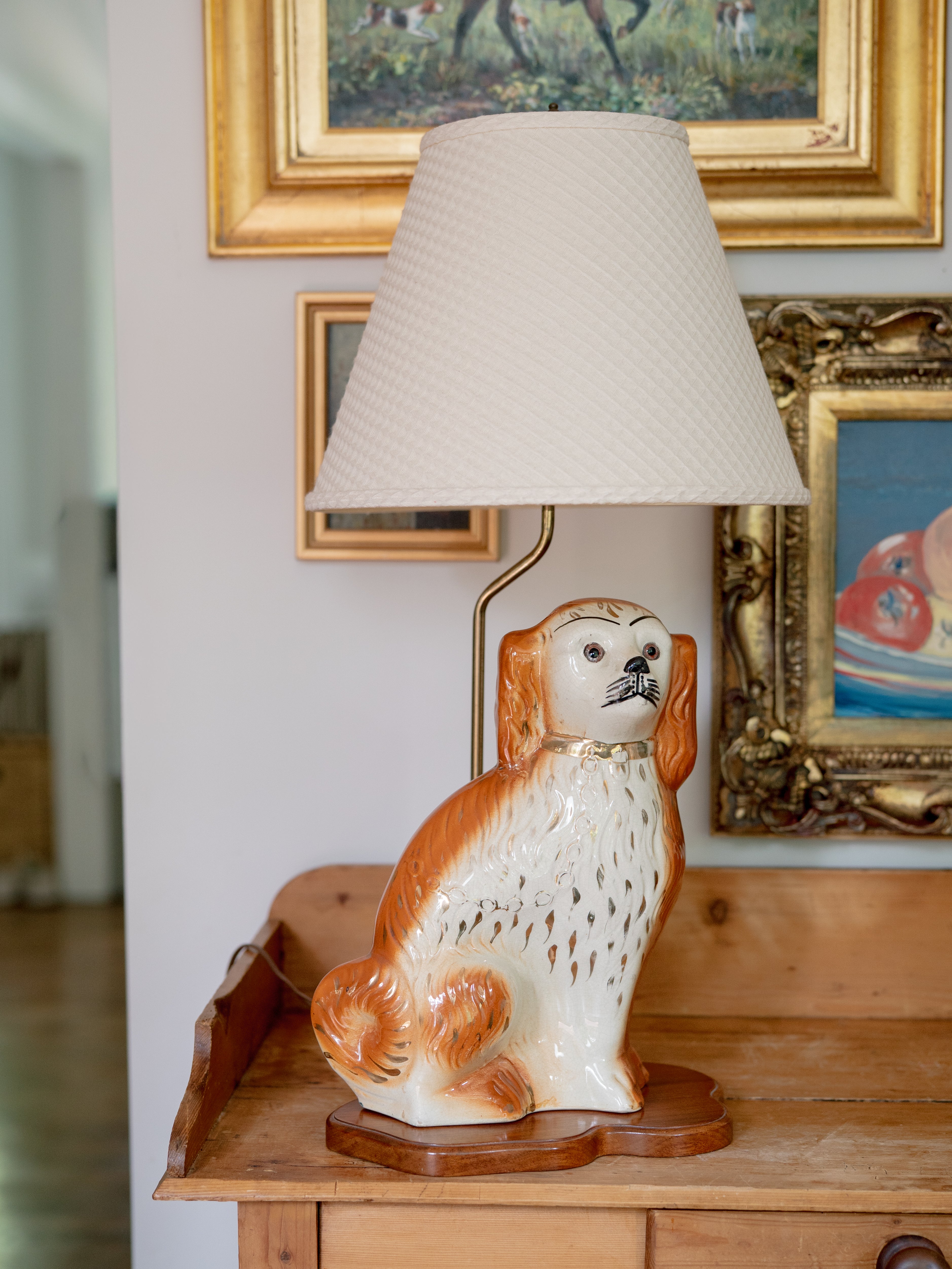 19th Century Staffordshire Spaniel + Lamp