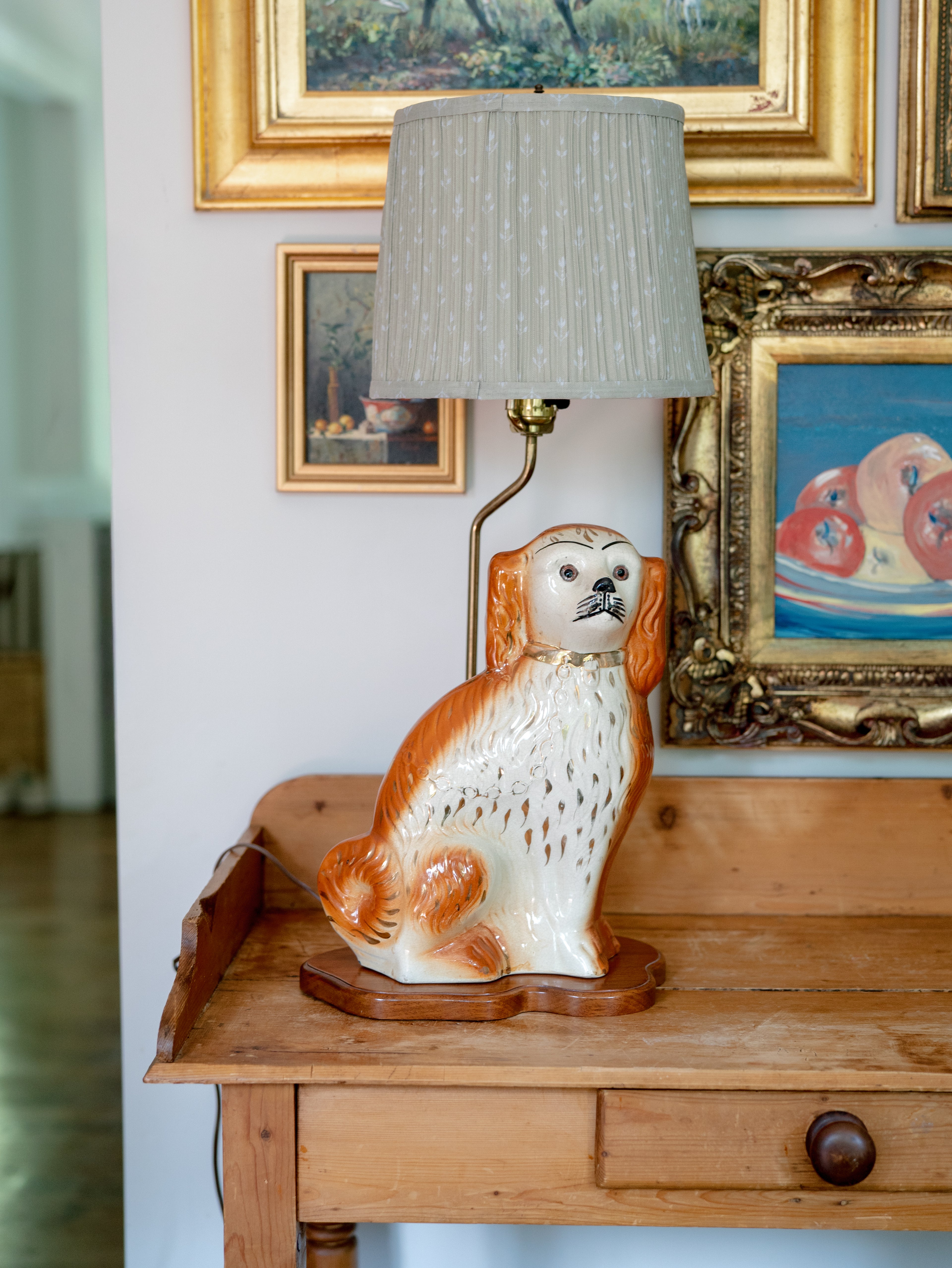 19th Century Staffordshire Spaniel + Lamp
