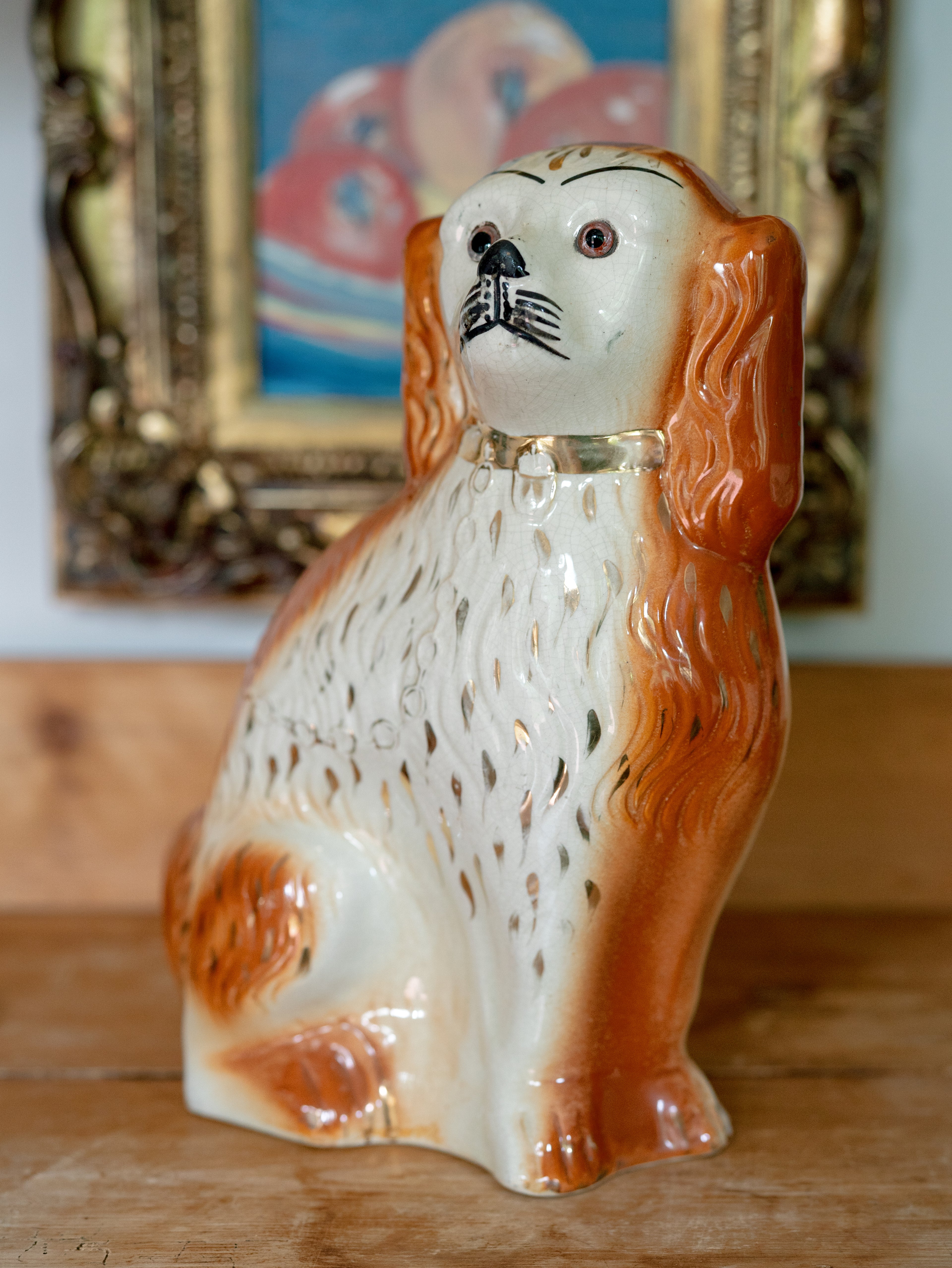 19th Century Staffordshire Spaniel + Lamp