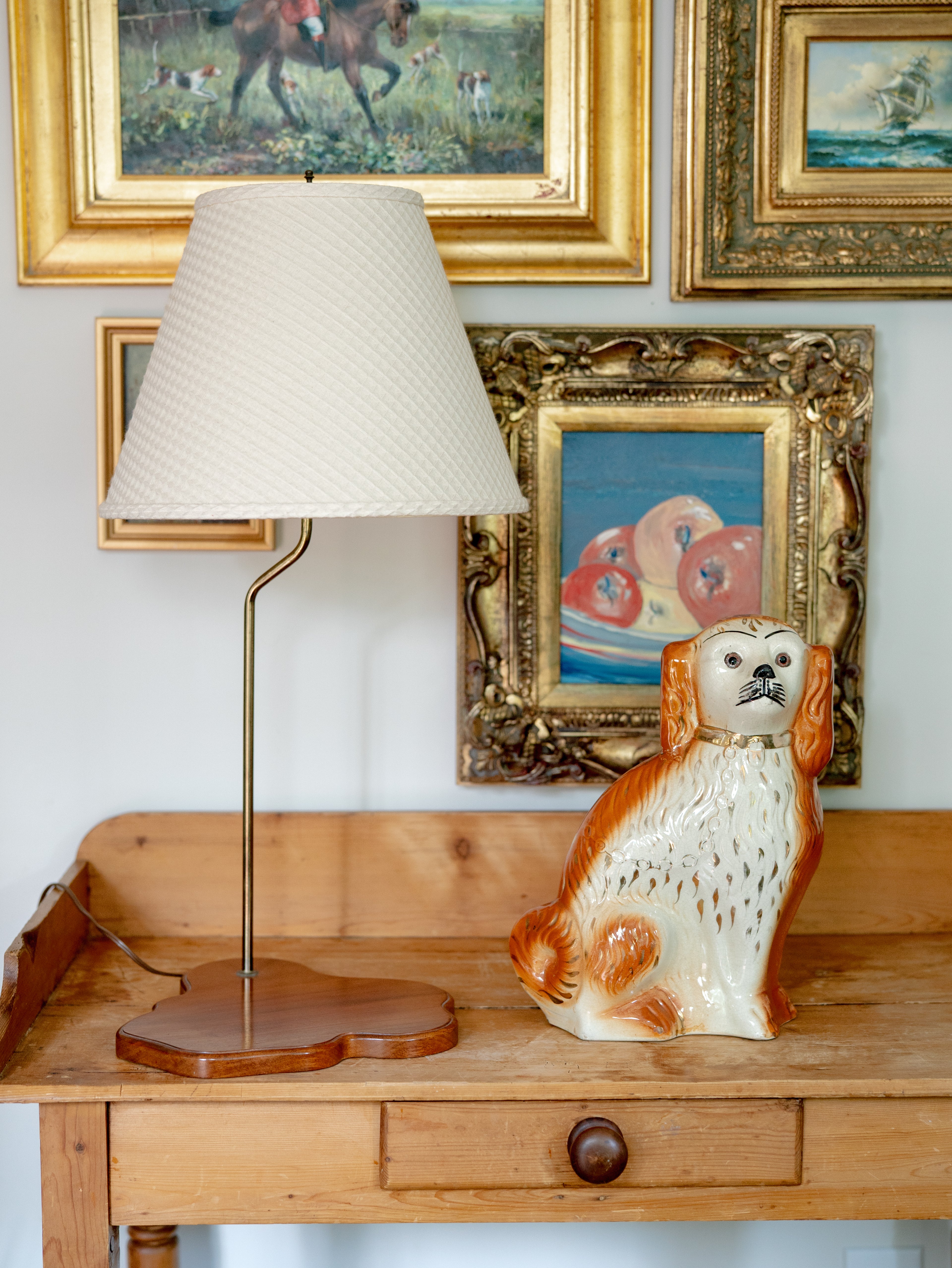 19th Century Staffordshire Spaniel + Lamp