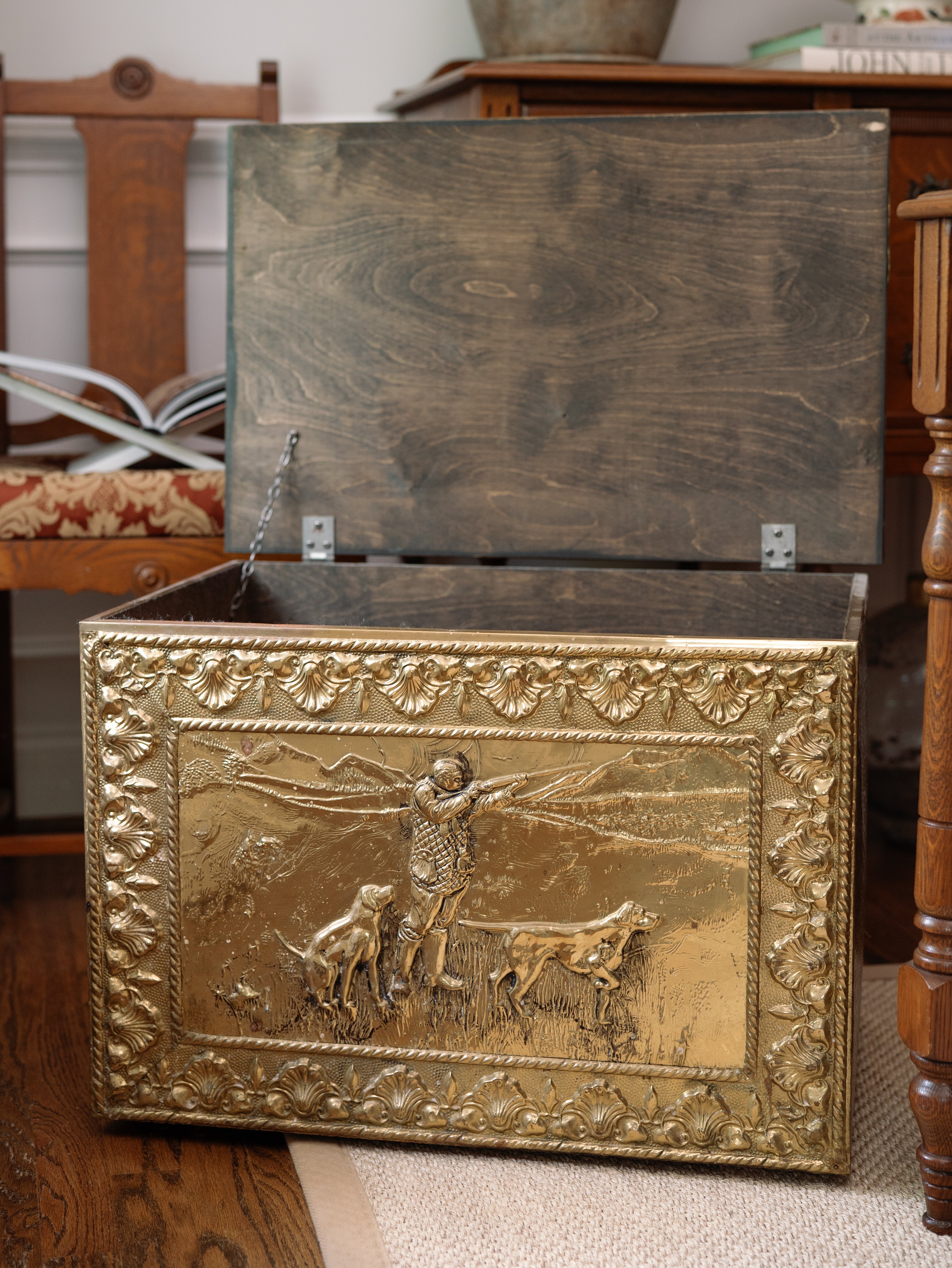 Brass Field Hunting Scene Coal Box