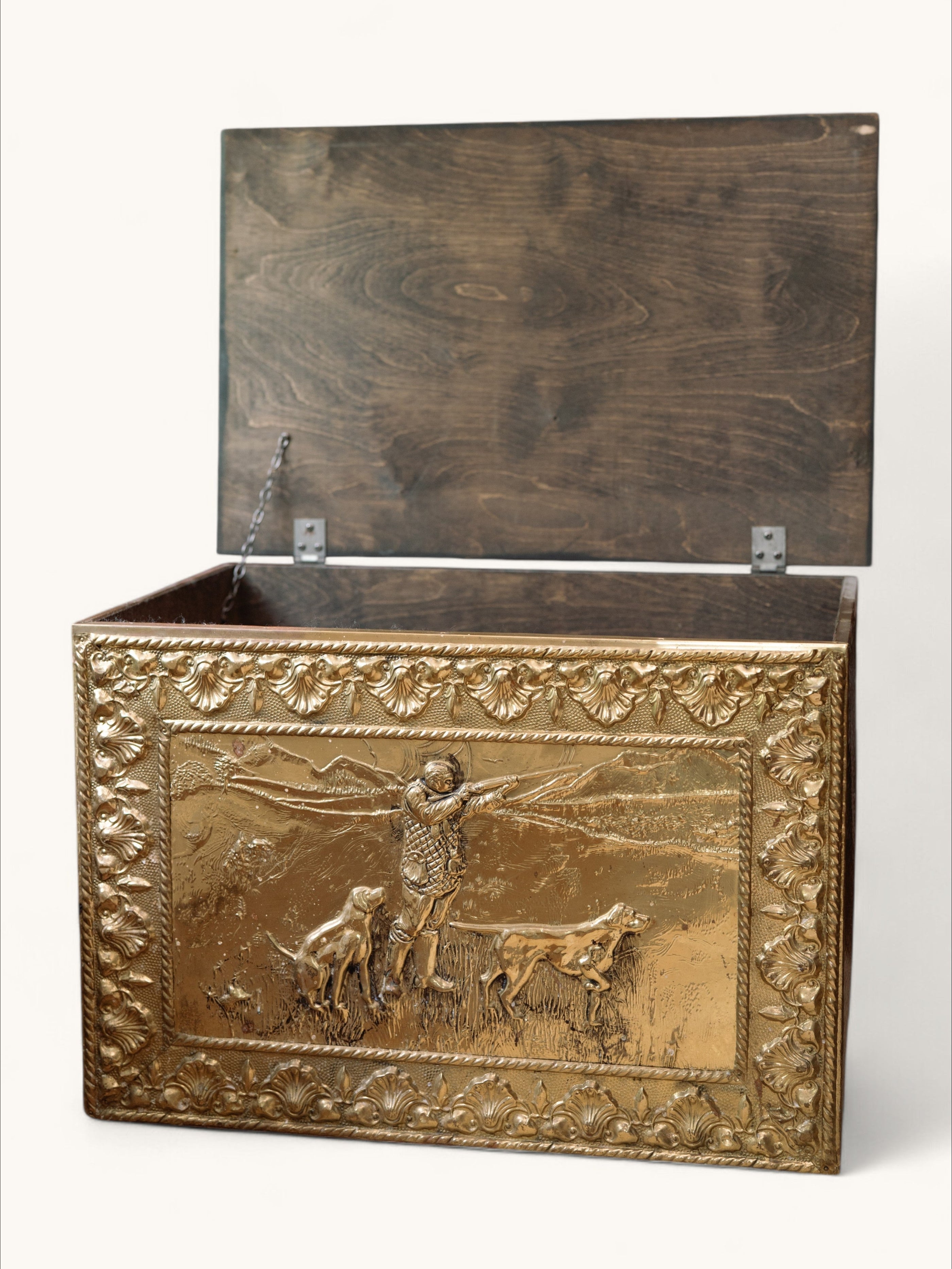 Brass Field Hunting Scene Coal Box