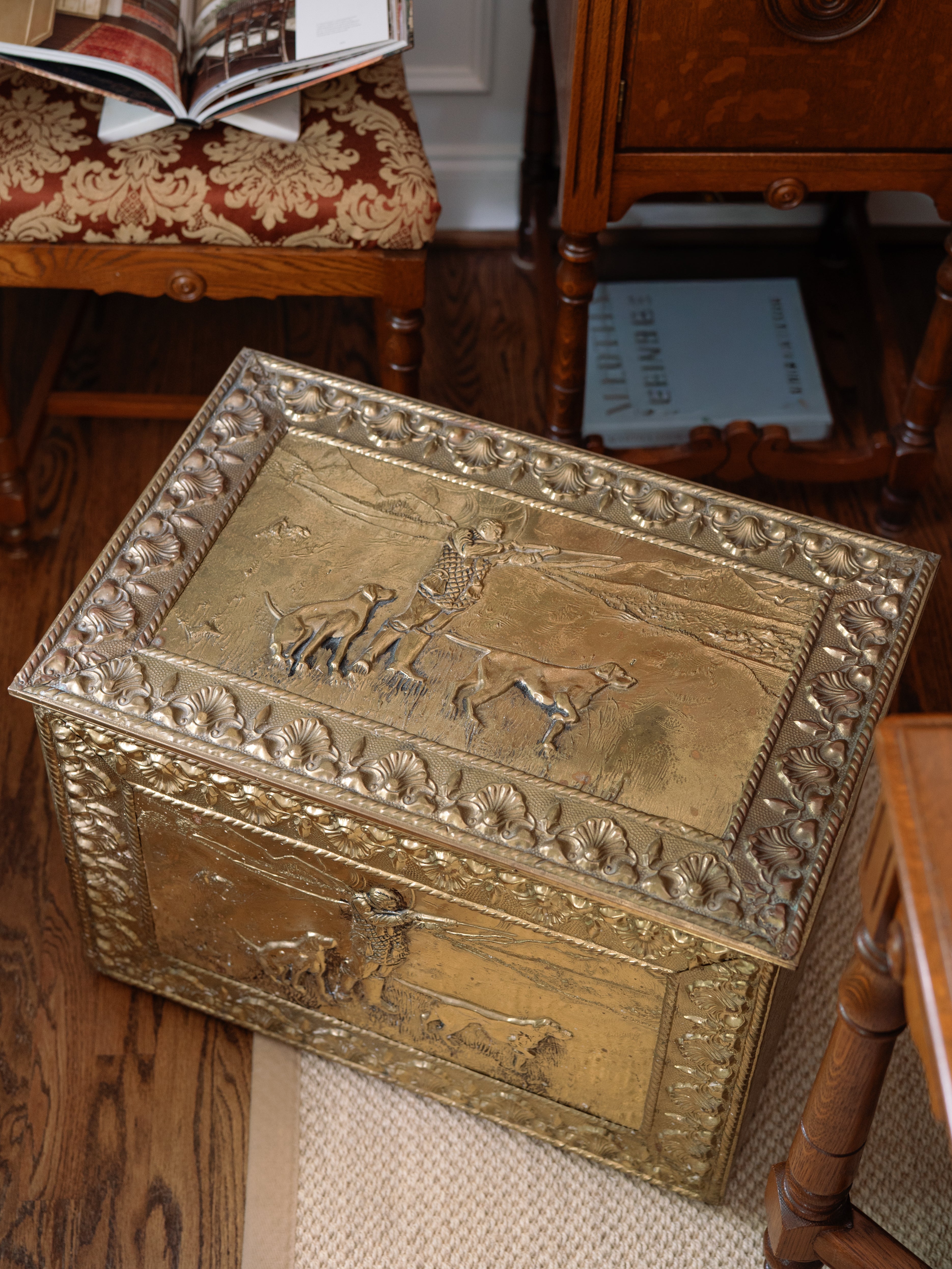 Brass Field Hunting Scene Coal Box