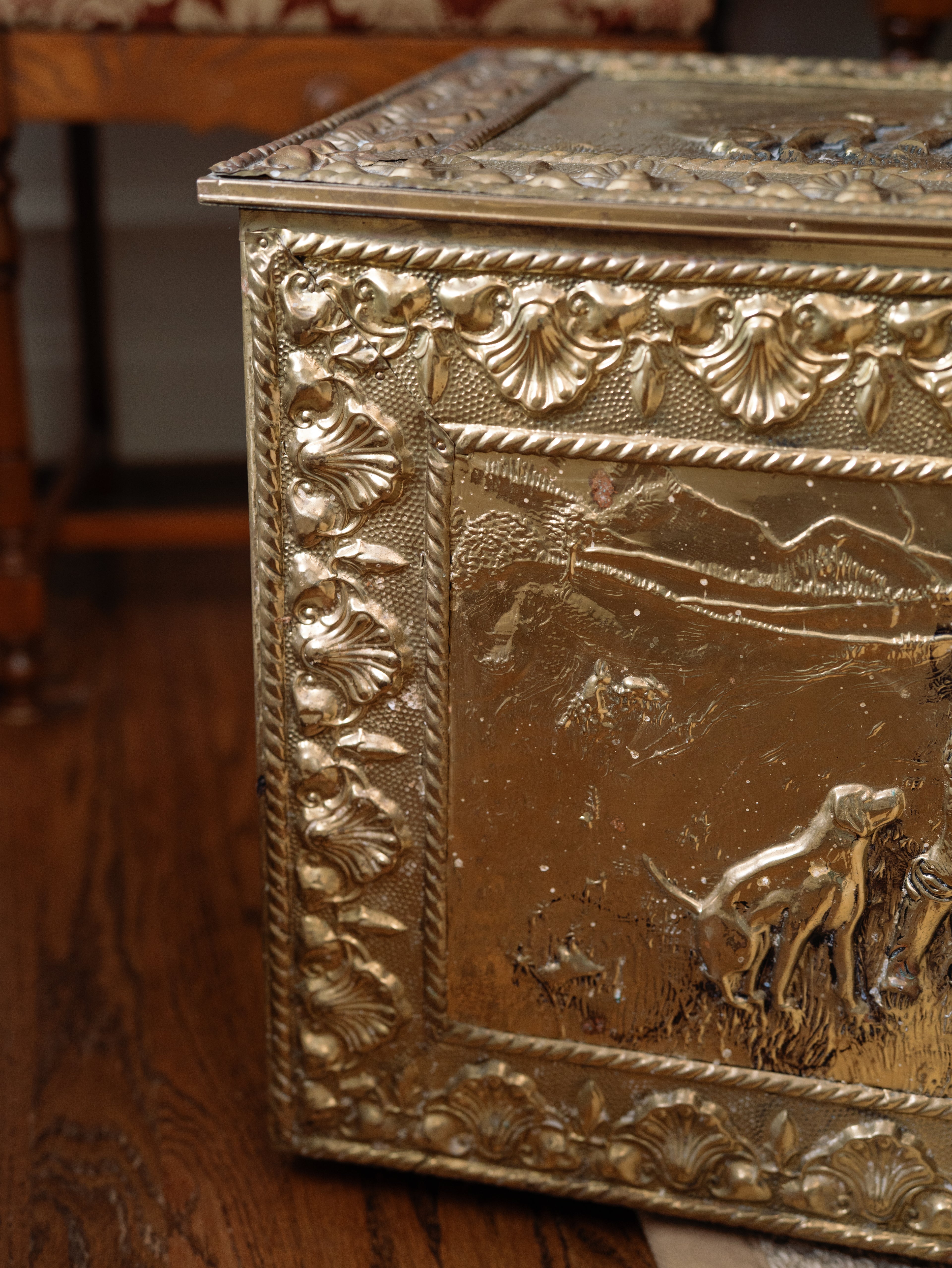 Brass Field Hunting Scene Coal Box