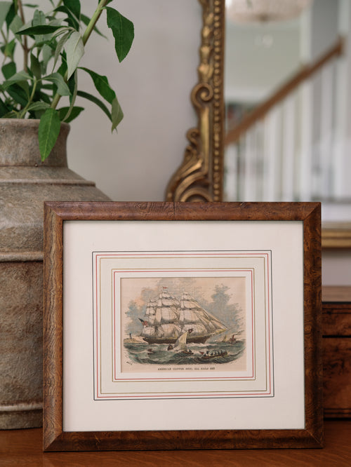 "American Clipper Ship, All Sails Set" — Framed Vintage Print