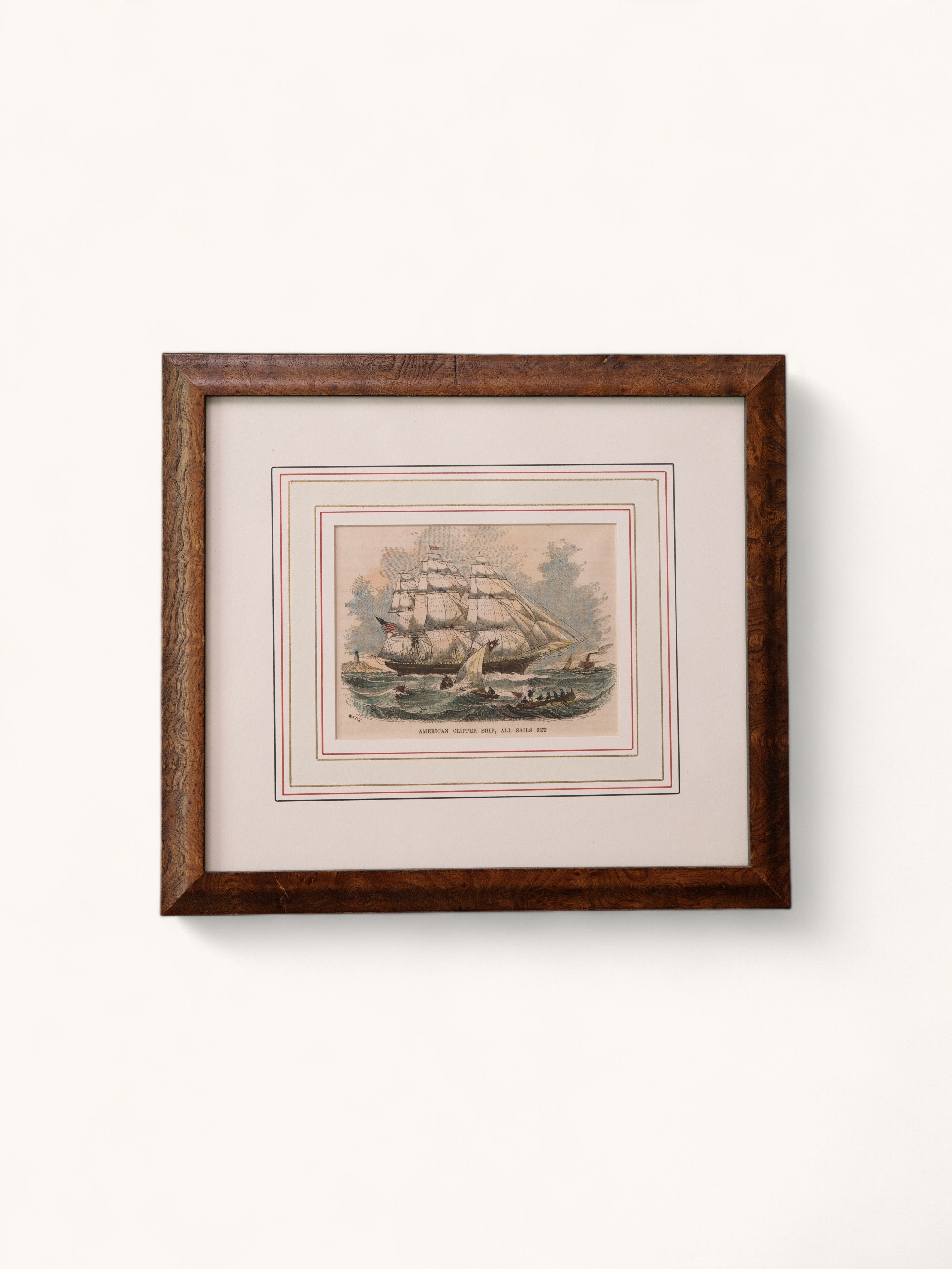 "American Clipper Ship, All Sails Set" — Framed Vintage Print