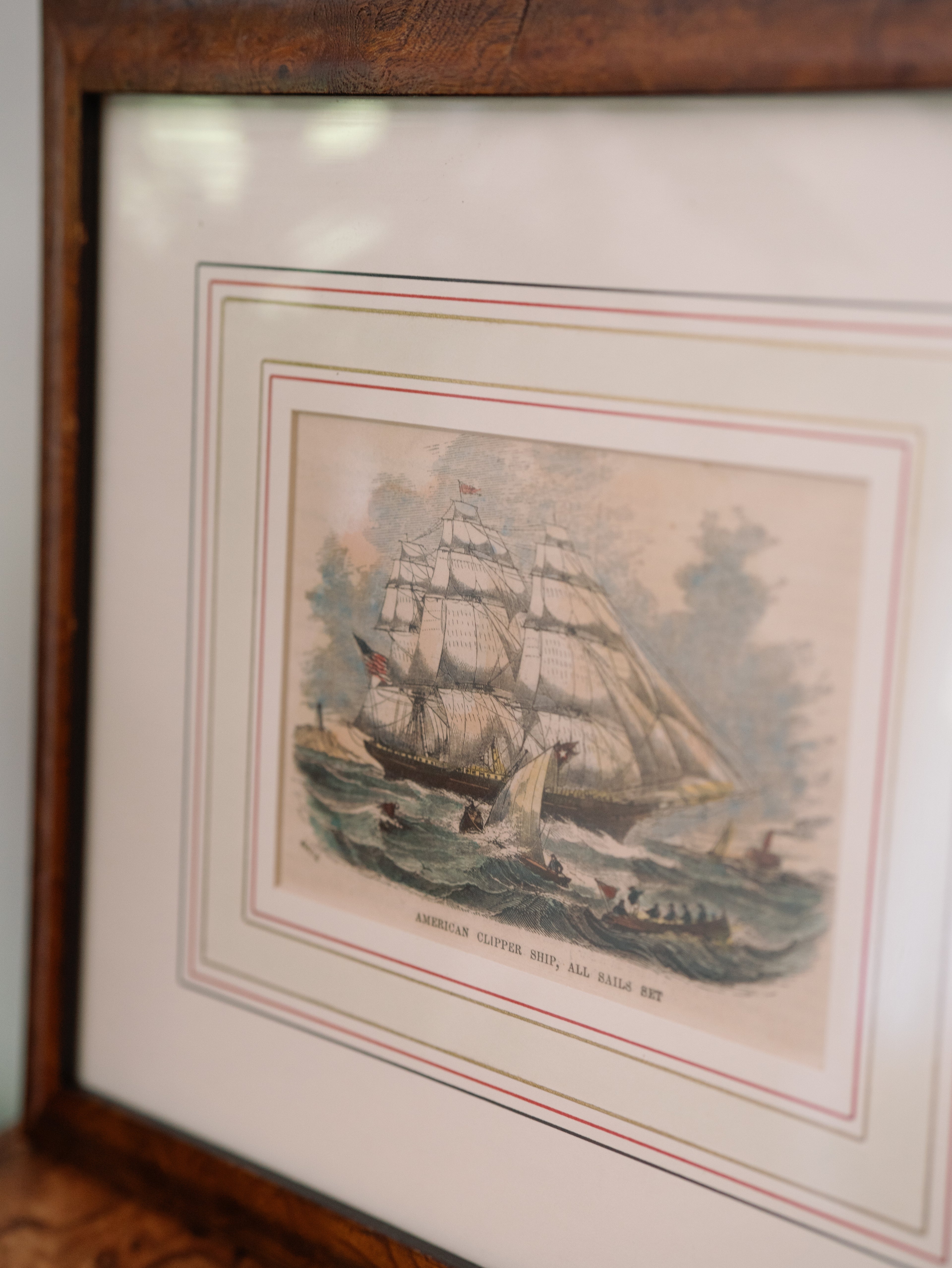 "American Clipper Ship, All Sails Set" — Framed Vintage Print
